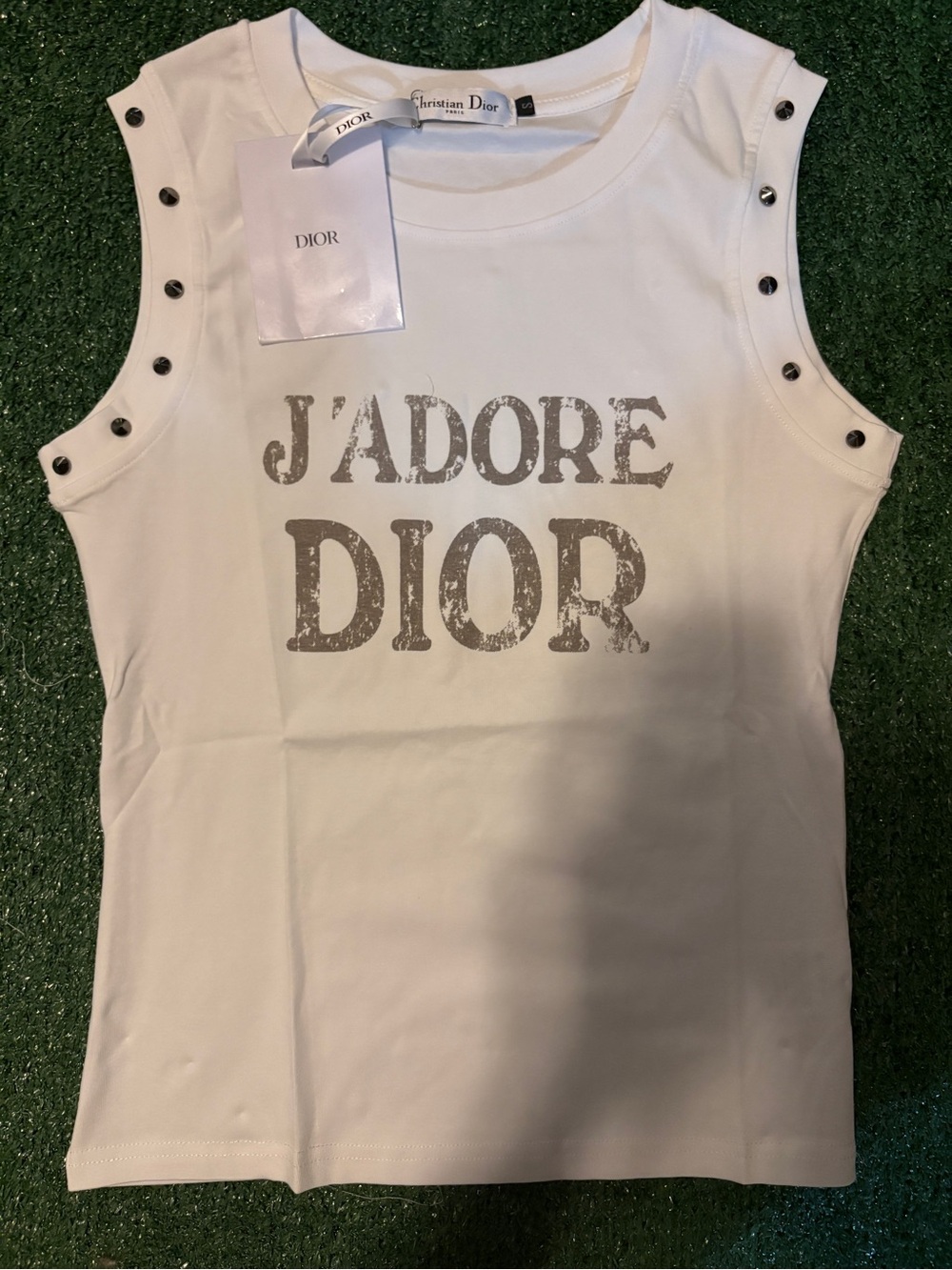 Dior White Tank Top with Distressed Silver Logo and Stud Trim